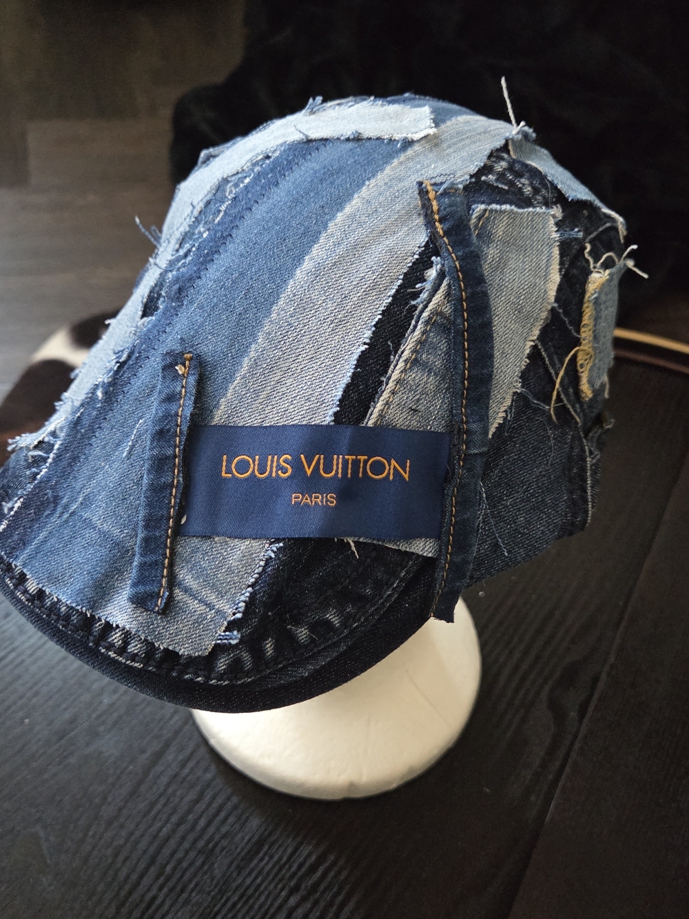 Upcycled LV Inspired Blue Patchwork Denim Newsboy Cap - Picture 4 of 8